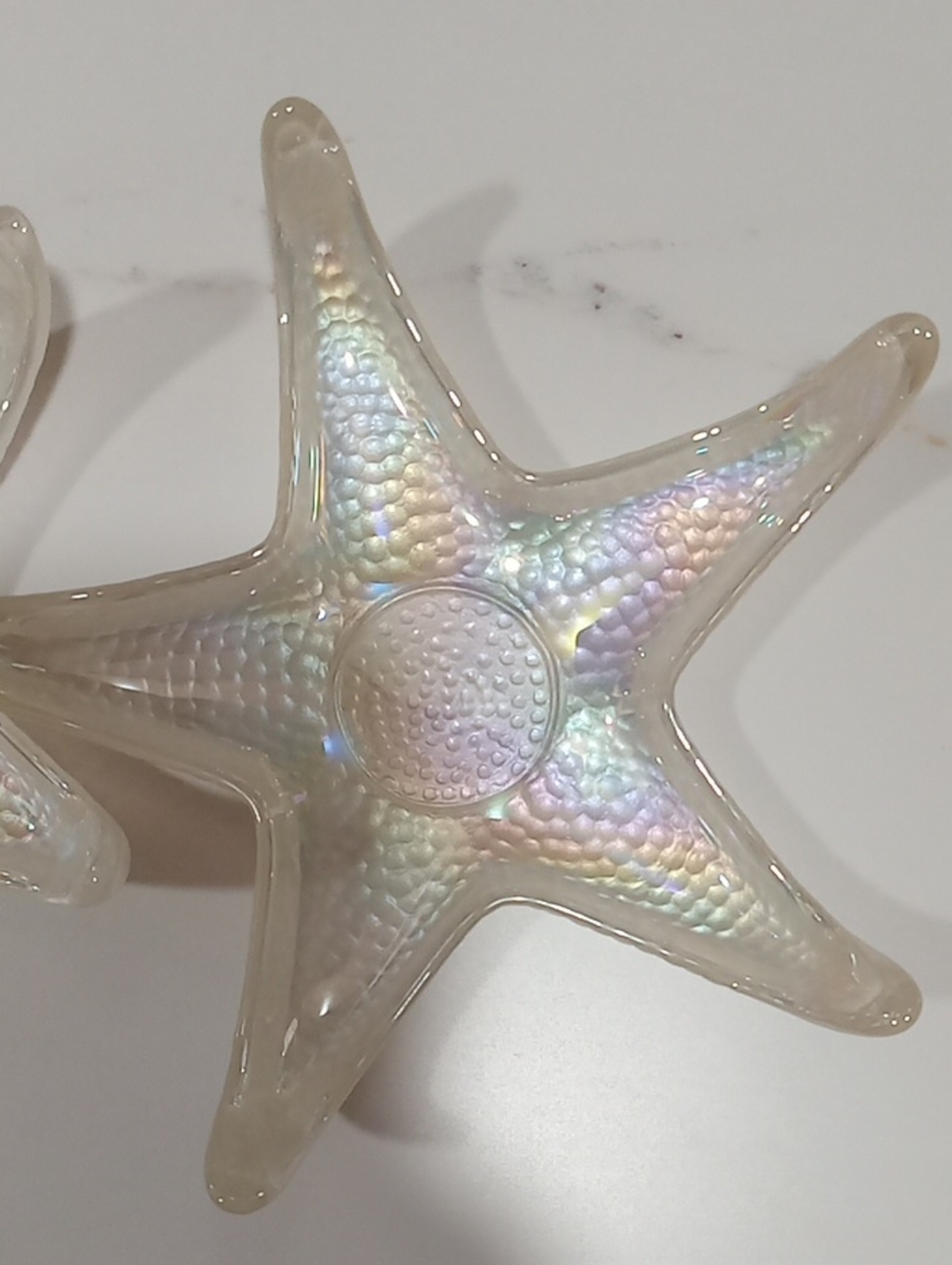 A Pair Of Beautiful Iridescent Pearl White Glass Starfish
